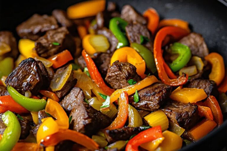 One Skillet Beef Tips with Peppers and Onions Recipe