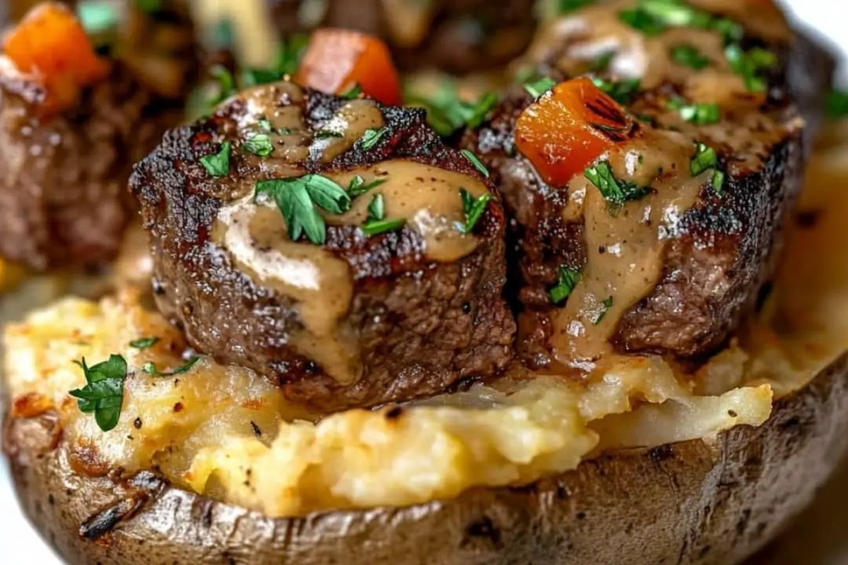 Hearty Steak Bites on Loaded Baked Potatoes Recipe