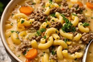 Sturdy One-Pot Macaroni Cheeseburger Soup Recipe