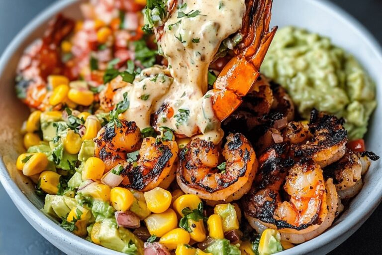 Grilled Shrimp Bowl with Avocado Corn Salsa and Creamy Sauce Recipe