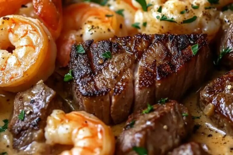 Steak and Seafood Skillet with Garlic Parmesan Cream Sauce Recipe