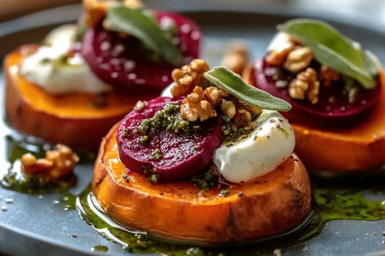 Sweet Potato Rounds with Burrata, Roasted Beets, and Walnut Sage Pesto Recipe