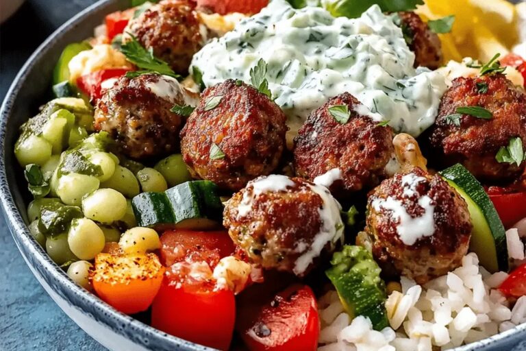Greek Meatball Bowl with Tzatziki, Rice & Fresh Veggies Recipe