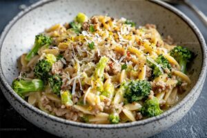 Creamy Lemon Pepper Ground Turkey and Broccoli Orzo Recipe